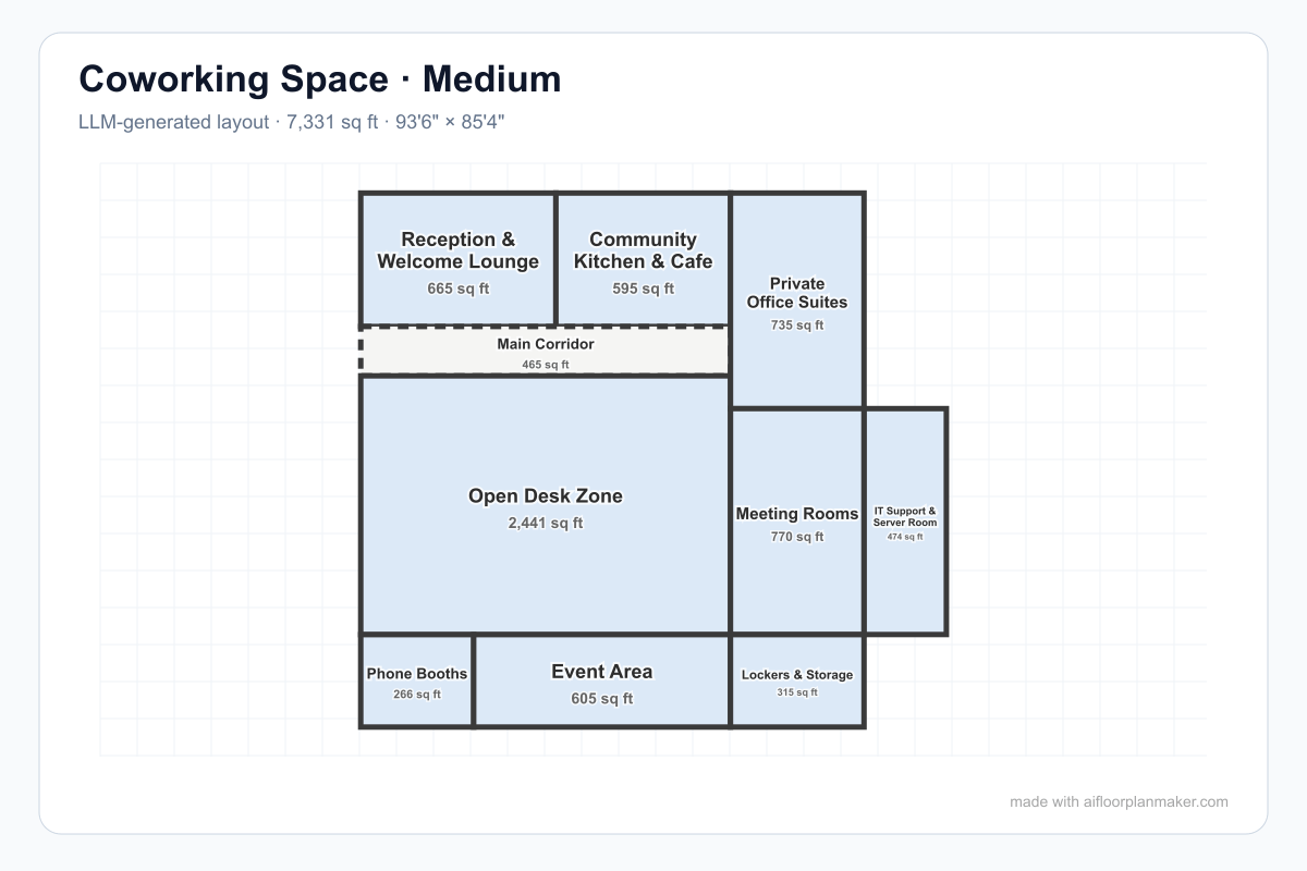 AI-generated 7,330 sq ft coworking floor plan with reception, community kitchen, corridor, open desks, private offices, meeting rooms, phone booths, event area, lockers, and IT support