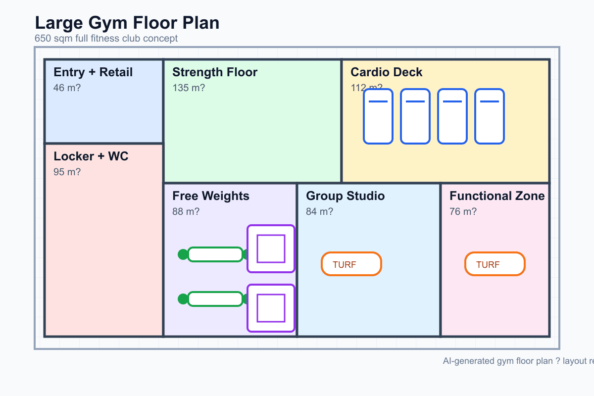 AI-generated gym floor plan generator example — 650 sqm gym with functional training and cardio areas