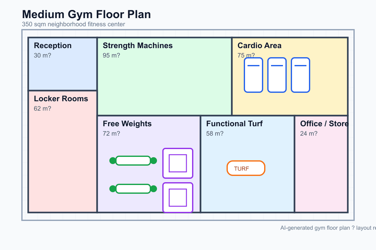 AI-generated gym floor plan generator example — 350 sqm fitness center with locker rooms