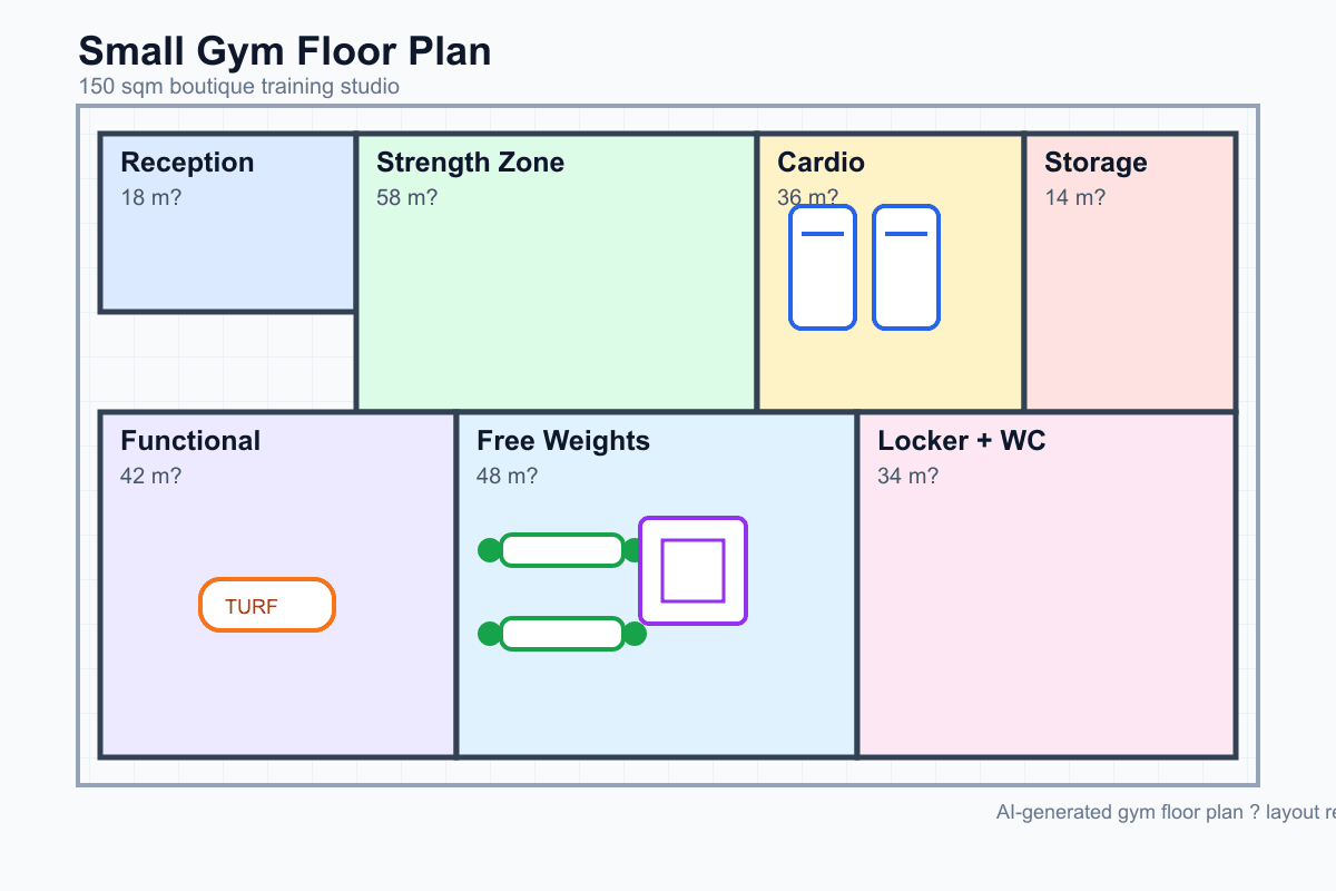 AI-generated gym floor plan generator example — 150 sqm with strength and cardio zones