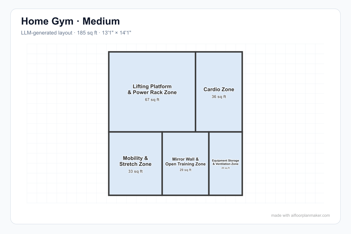 AI-generated 185 sq ft home gym floor plan with power rack and lifting platform, cardio, mobility, mirror wall, equipment storage, ventilation, and circulation