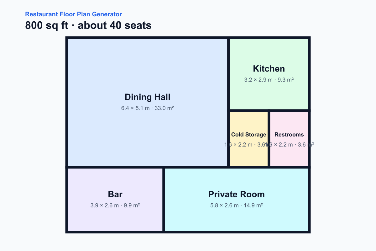 AI-generated restaurant floor plan generator example — 800 sqft, 40 seats