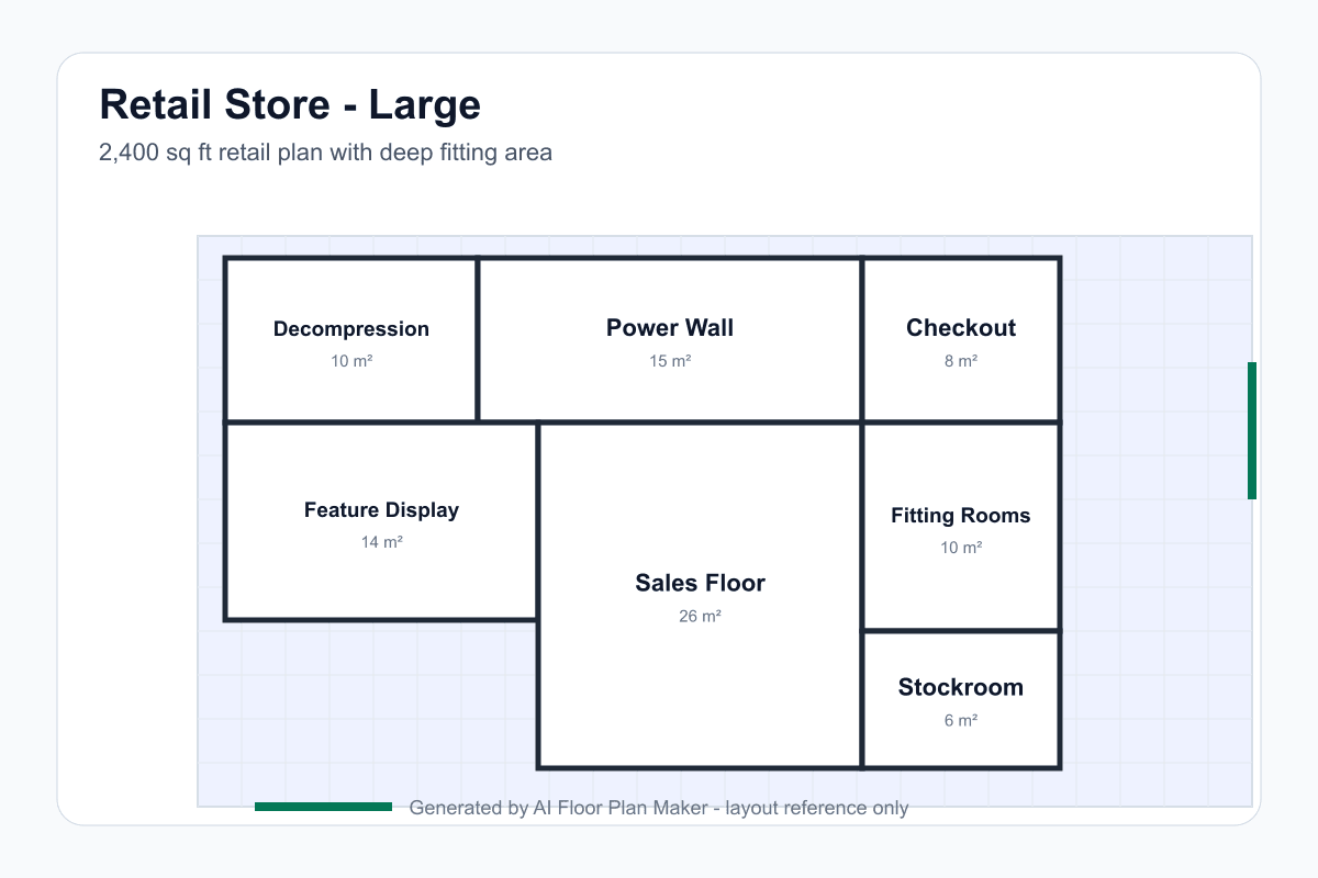 AI-generated retail store floor plan generator example — 2400 sqft with power wall, sales floor and stockroom
