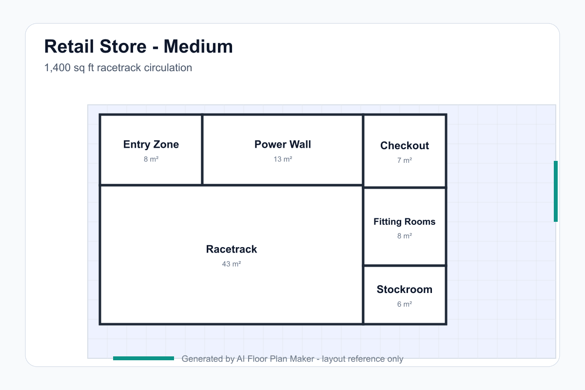 AI-generated retail store floor plan generator example — 1400 sqft with racetrack circulation and fitting rooms