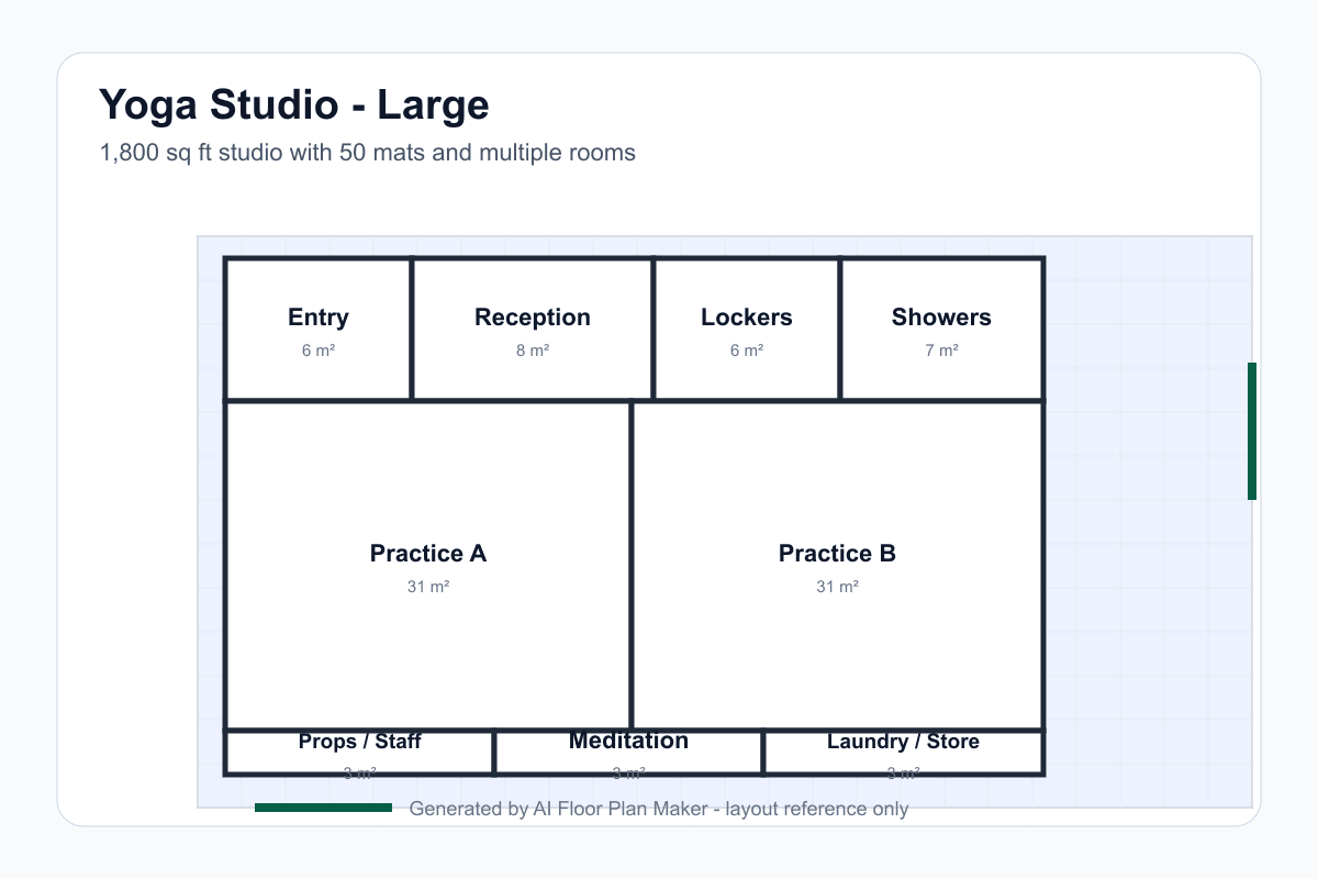 AI-generated yoga studio floor plan generator example — 1800 sqft with 50 mats and multiple rooms
