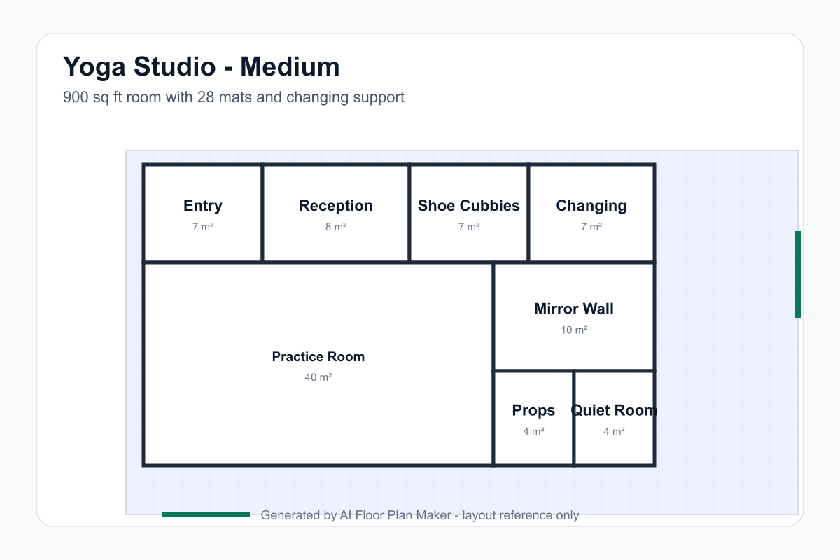 AI-generated yoga studio floor plan generator example — 900 sqft with 28 mats and changing rooms